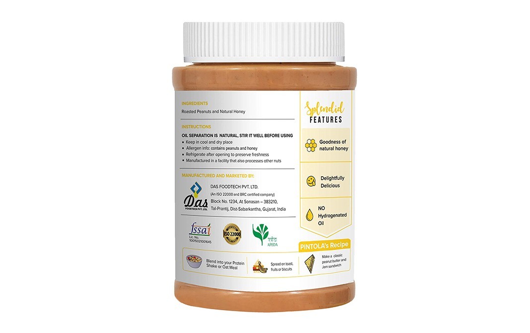 Pintola Honey Peanut Butter All Natural Creamy   Plastic Jar  1 kilogram